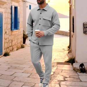 Men's retro grey waffle knit casual jacket and trousers two-piece set for autumn