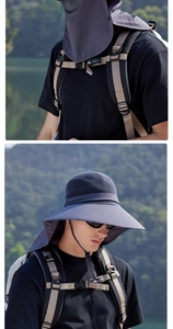 Detail of grey outdoor sun hat featuring wide brim and breathable mesh for neck protection