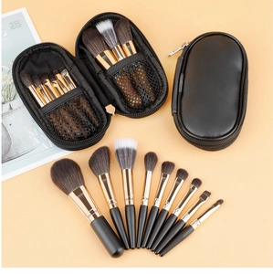Detail view of 10-piece professional makeup brush set with elegant black travel cases