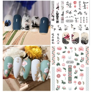Detail view of ink wash bamboo and pink peony floral water transfer nail art stickers