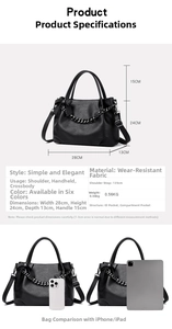 Detailed size chart for black chain shoulder bag showing dimensions 28x24x13cm and strap length
