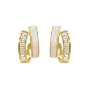 Elegant gold double hoop earrings with baguette-cut zircon and white inlay for women