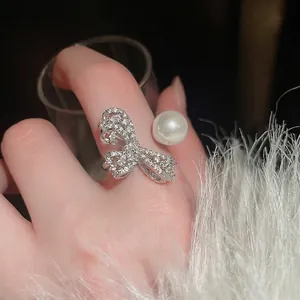 Elegant Bowknot Artificial Pearl Open Ring Zircon Inlaid Copper Silver Plated Adjustable Finger Jewelry For Women Fashion Accessory