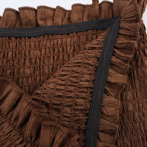Brown two-piece set featuring textured ruched fabric and elastic band detail