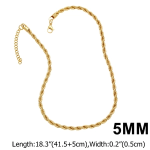 Polished 18k gold plated 5mm rope chain necklace with lobster clasp and extension