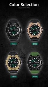 Dual display digital sports watch in four colors on a textured dark rock background
