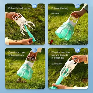 Manual dog waste scooper with green bags shown in 4 steps on green outdoor grass