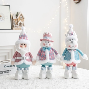 Three-piece retractable Christmas plush dolls set in soft pink and blue tones for decor