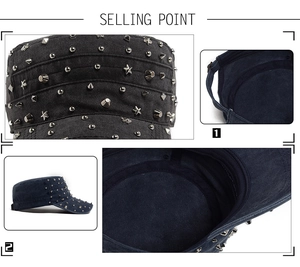 Detail view of punk style cadet cap with metal studs and adjustable back strap