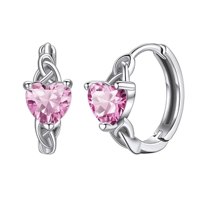 Detail of pink heart crystal earrings with intricate silver Celtic knot craftsmanship