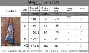 Size chart showing measurements for floral strap long dress including bust and length