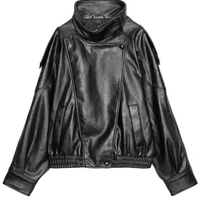 Women PU Leather Jacket Biker Style Motorcycle Stand Collar Zipper Lychee Texture Long Sleeve Autumn Streetwear Fashion