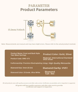 Detail showing S925 silver moissanite studs with 15.2mm dimensions and 0.5ct main stone