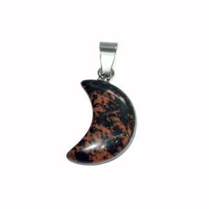 Macro shot of crescent moon pendant with reddish-brown natural stone texture and silver bail