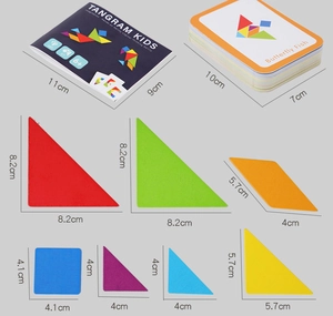 Detailed view of wooden tangram set including 60 challenge cards and colorful blocks