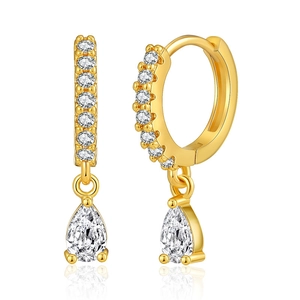 Elegant 18K gold plated hoop earrings with red zircon teardrop pendant and pavé diamonds