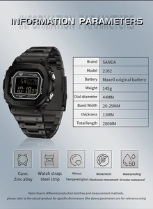 Detailed specifications table and material overview for SANDA 2162 digital sport watch