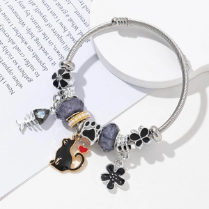 Cartoon Cat Fishbone Enamel Beaded Stainless Steel Bangle Bracelet For Women Cute Animal Charm Bracelet Jewelry Gift