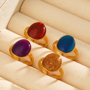 Vintage Oval Geometric Stainless Steel Ring For Women Open Adjustable Gold Plated Resin Glitter Fashion Finger Jewelry