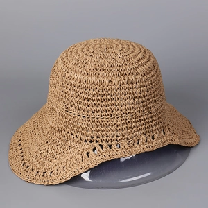 Sun Hat Paper Straw Handwoven Crochet Foldable Wide Brim Wavy Edge Summer Beach Travel For Women