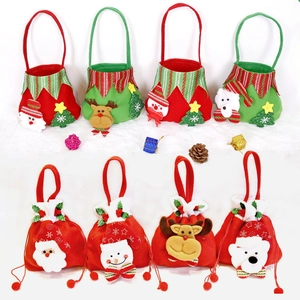 Christmas gift bags set featuring Santa, Reindeer, and Snowman cartoon designs in red and green