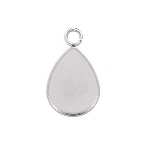 Detailed view of silver teardrop pendant base with top ring for DIY jewelry making