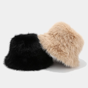 Plush faux fur bucket hats in black and beige, warm winter headwear for women