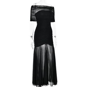 Detailed view of black strapless tube dress with sheer mesh ruching and slim fit design