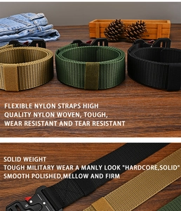 Three tactical nylon belts in khaki, army green, and black with durable metal buckles