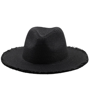 British style black raffia fedora hat with frayed brim for outdoor travel sun protection