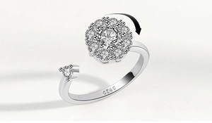 Detail view of rotating S925 silver ring featuring a sparkling floral zirconia design