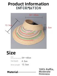 Detailed size guide for raffia open top sun hat with color ribbon and dimensions
