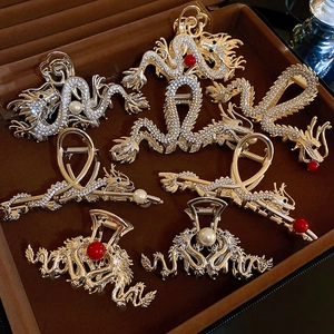 Dragon Shaped Hair Claw Clip Chinese Style Year Of The Dragon Alloy Metal With Rhinestones And Imitation Artificial Pearl Retro