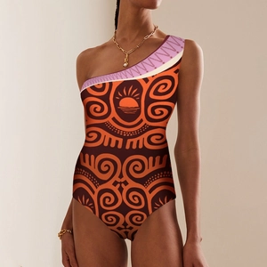 One-shoulder ethnic swimsuit with sun print and tribal patterns for beach vacation wear