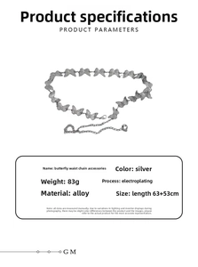 Detail view of silver butterfly waist chain with full length dimensions and weight specs