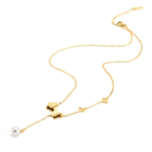 Golden butterfly tassel necklace with titanium steel fringe and white pearl pendant