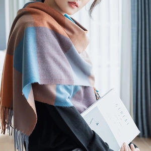 Plaid Scarf Women Winter Thick Warm Imitation Cashmere Large Checkered Shawl Wrap With Tassels Soft Yarn Dyed Neck Warmer