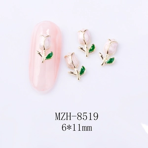 Detail of tulip nail charms with pink enamel and gold edges for 3D DIY manicure