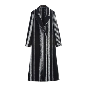 Women British Style Vertical Striped Loose Oversized Coat Autumn Winter Long Sleeve Pocket Single Breasted Outerwear Top