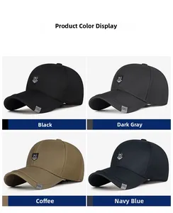 Detail view of business baseball caps in black, grey, brown, and navy with metal logo