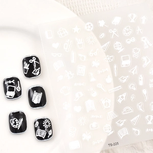5D embossed white office theme nail stickers with TS-225 school supplies and line art patterns