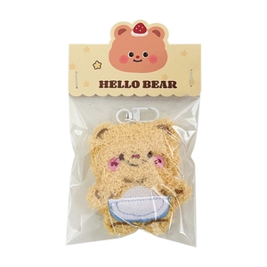 Cute khaki plush bear keychain pendant with white clasp in Hello Bear packaging