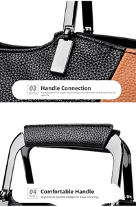 Close-up of silver metal hardware and lychee grain leather handles on tote bag