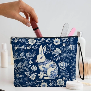 Blaue und weiße florale Hasen-Kosmetiktasche mit Reißverschluss und Lippenstift-Lagerung