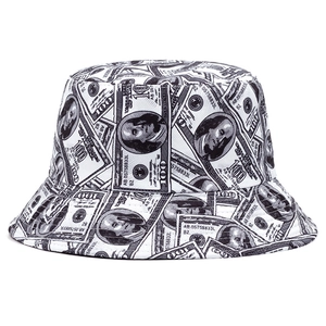 Summer bucket hat with all-over $100 bill banknote print in black and white style