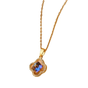 18k gold plated stainless steel clover necklace with blue crystal and micro-pave diamonds