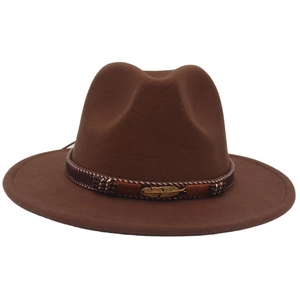 Detail of brown wool fedora featuring ethnic woven band and gold metal feather charm