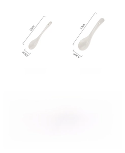 Detailed size comparison of two white ceramic spoons with measurements and hanging holes