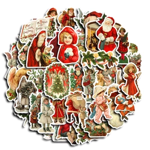 Vintage Merry Christmas sticker set featuring Santa Claus and angels for DIY decor