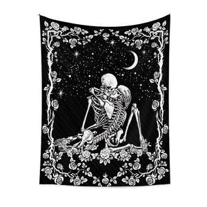 Bohemian skull lovers tapestry with kissing skeletons and rose flower vine borders